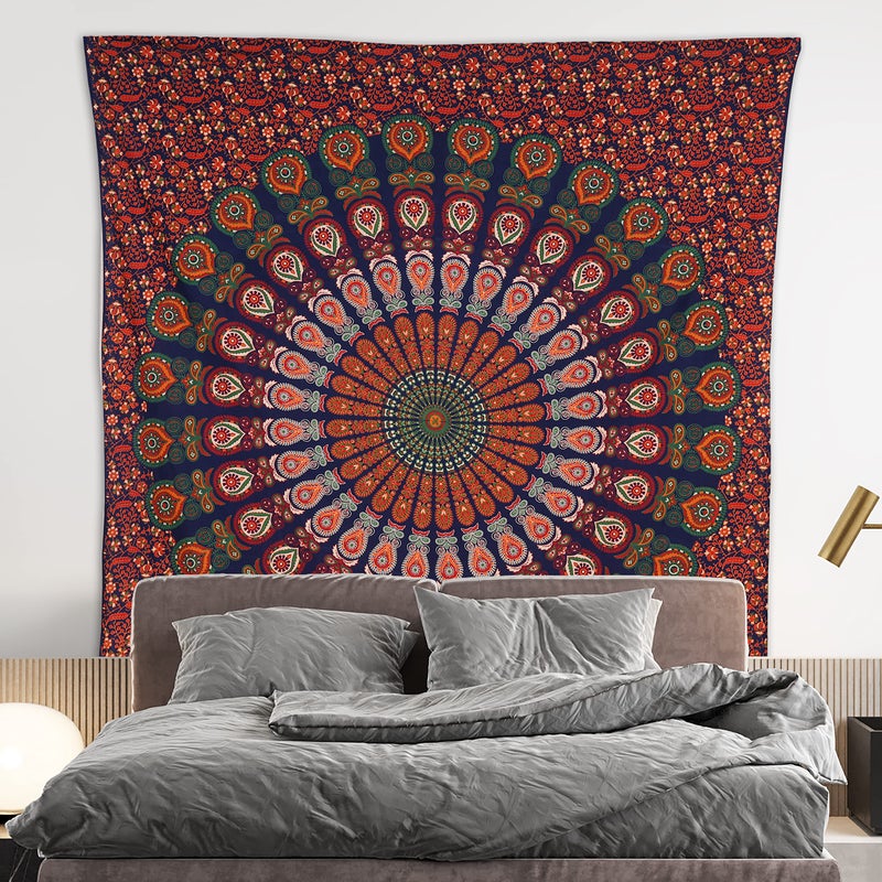 Bless International Handmade Indian hippie Bohemian Psychedelic Peacock Mandala Wall hanging College Dorm Beach Throws Table Cloth Bedding Tapestry (Golden Red Green, Queen(84x90Inches)(215x230Cms)) - Image 2